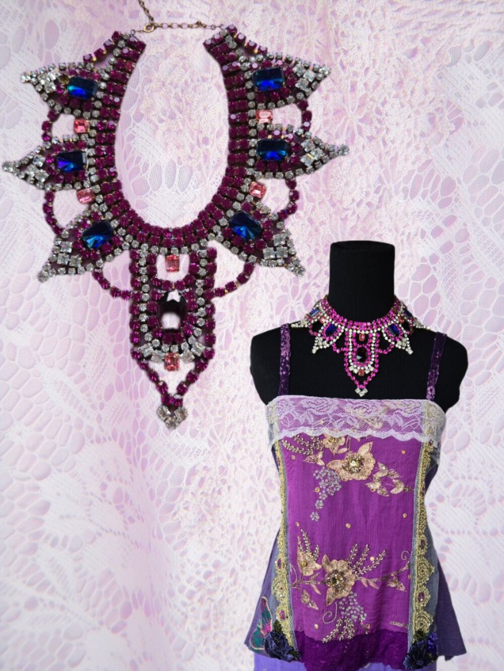 Vintage Bijoux M.G Violet & Fuchsia Pnk Crystal Necklace Princess Fairycore